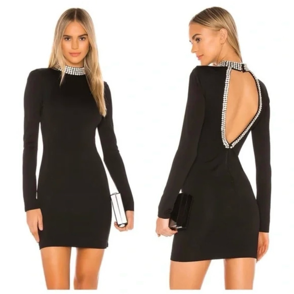 Alice and Olivia- Inka Embellished Long Sleeve Dress in Black & Crystal